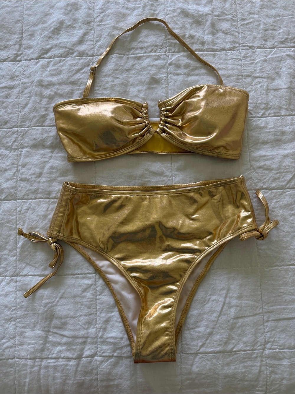 Metallic Gold Bikini Set - Bandeau Top & High Leg Bottoms